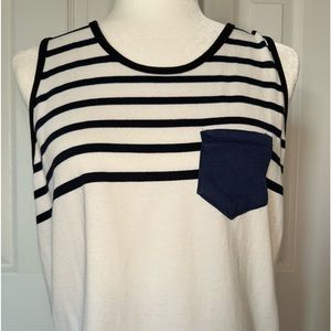 Molecule Brand Cotton Sleeveless Shirt white W/navy Blue Stripes & Black Pocket